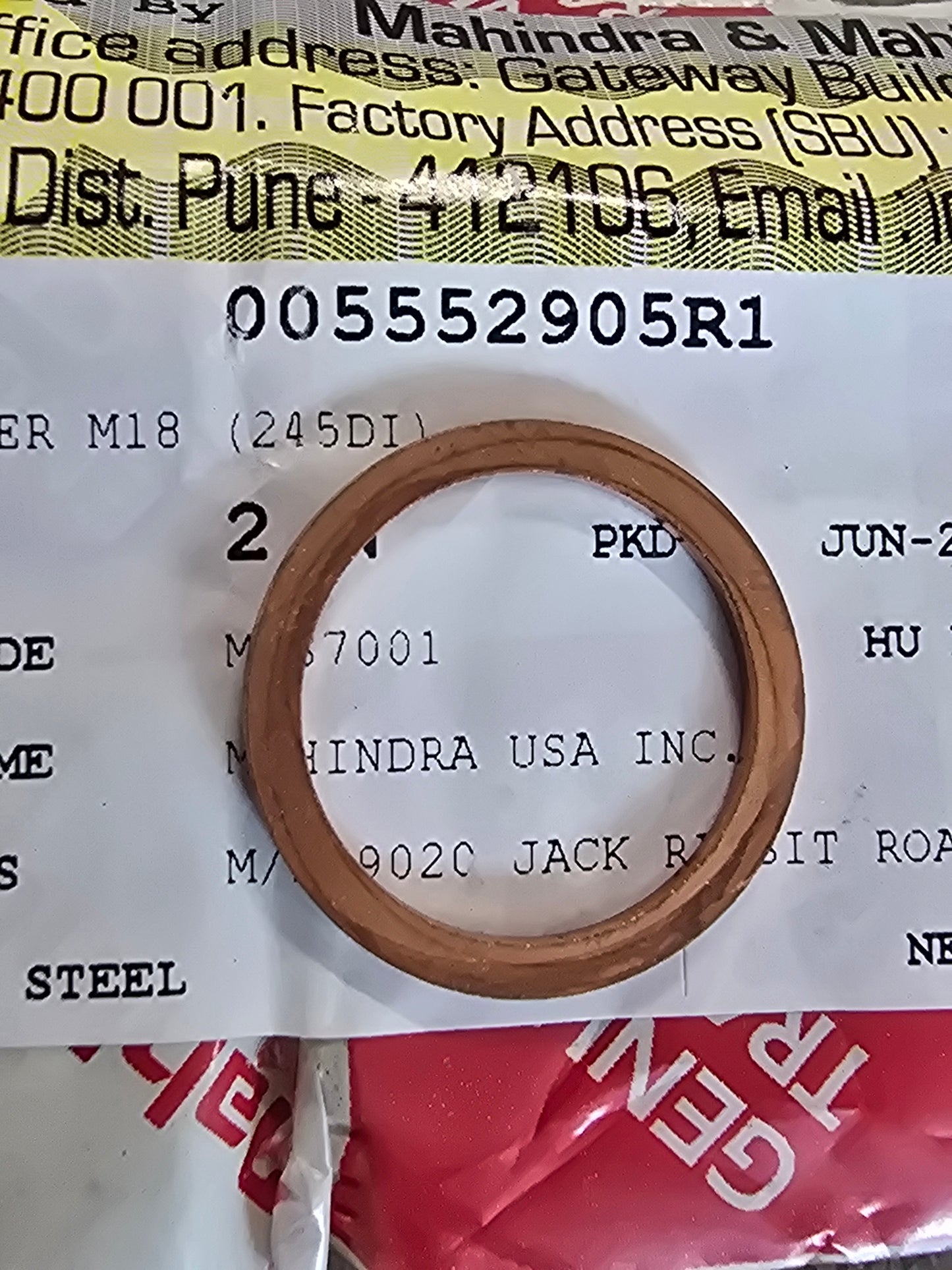 Mahindra Tractor Copper Washer M18 005552905R1
